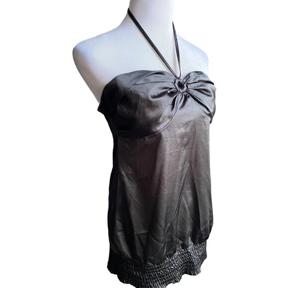 Guess Satin Halter Top Y2k Banded Hem Black Medium Women Blouse Keyhole Vtg - Picture 2 of 10